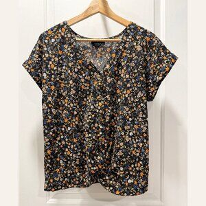 Black Floral Blouse with Twist Hem Detail